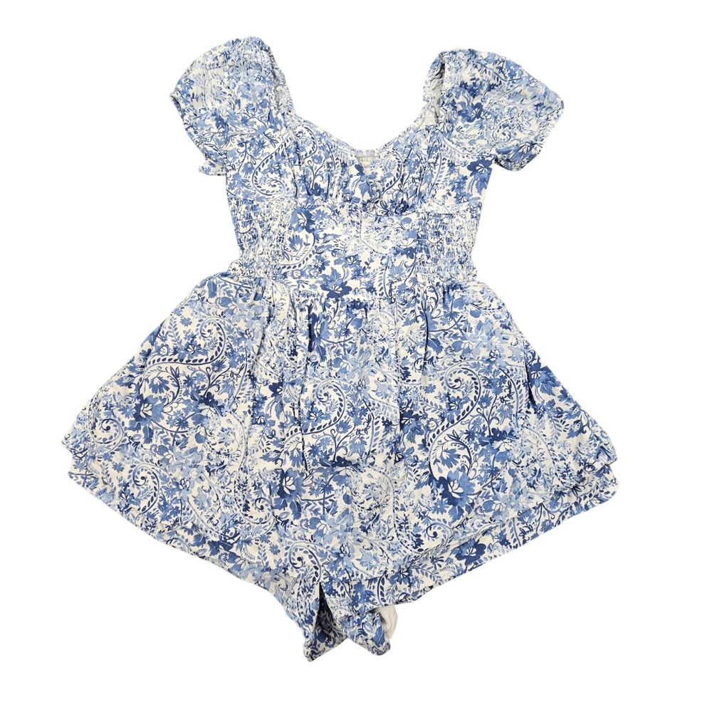 Hollister Paisley Romper Blue White Smocked Puff Sleeve Boho Summer Small